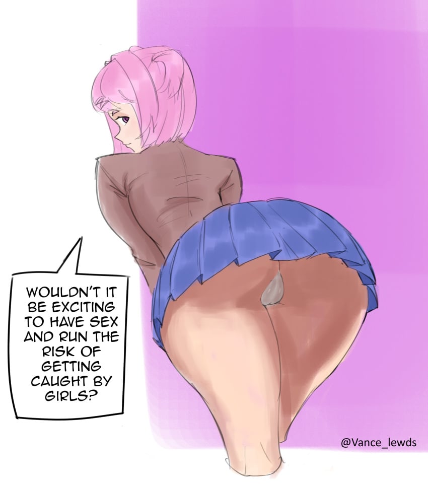 1girls artist_name ass big_ass ddlc_text_box doki_doki_literature_club english_text female legs natsuki_(doki_doki_literature_club) only_female panties pink_eyes pink_hair pov pov_eye_contact school_uniform short_hair shortstack showing_ass skirt solo text text_box text_bubble thighs twitter_username upskirt vance_lewds white_panties