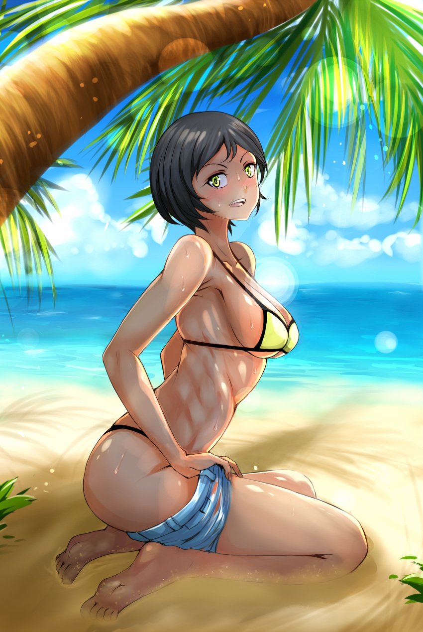 alex_(totally_spies) amber_eyes beach bikini black_hair cleavage kneeling large_breasts latina looking_at_viewer nonoririn pulling_down_shorts seaside short_hair short_shorts tanned_skin totally_spies