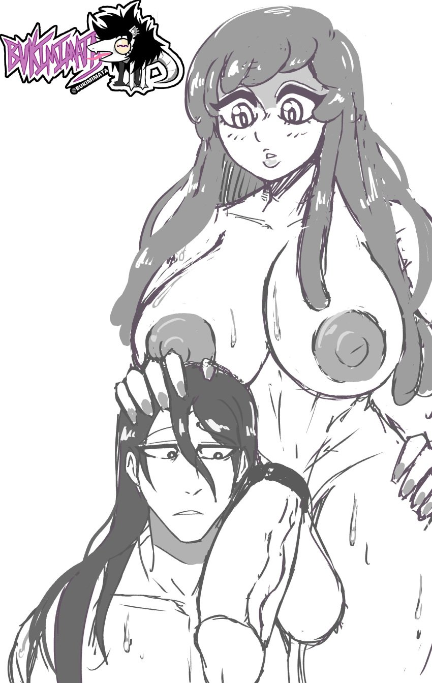 1boy 1futa absurd_res areolae balls bangs big_breasts big_penis bleach breasts breasts_bigger_than_head bukimimata byakuya_kuchiki duo erection futanari hand_on_head hi_res huge_breasts huge_cock human kuchiki_byakuya large_breasts large_penis long_hair male meninas_mcallon nipples nude penis standing