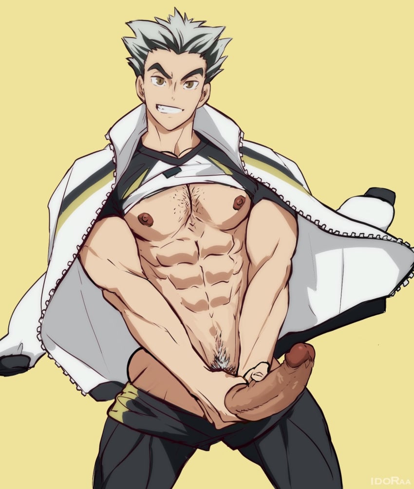 abs bokuto_koutarou cocky erect_penis erection haikyuu!! holding_penis idoraad jacket lad lilprincyvi male male_focus male_only muscular muscular_male muscular_thighs pecs pectorals penis shirt_lift shirt_up smile solo solo_focus solo_male two_tone_hair volleyball_uniform