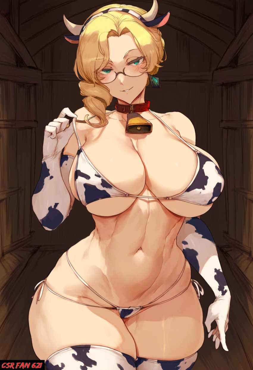 ai_clothes ai_generated barn big_breasts bikini bikini_pull collar cow_ears cow_girl cow_print cow_print_armwear cow_print_bikini cow_print_thighhighs cowbell csr_fan_621 female glasses glynda_goodwitch indoors large_breasts milf pulling_clothing rwby self_upload smile solo_focus tagme thick_thighs