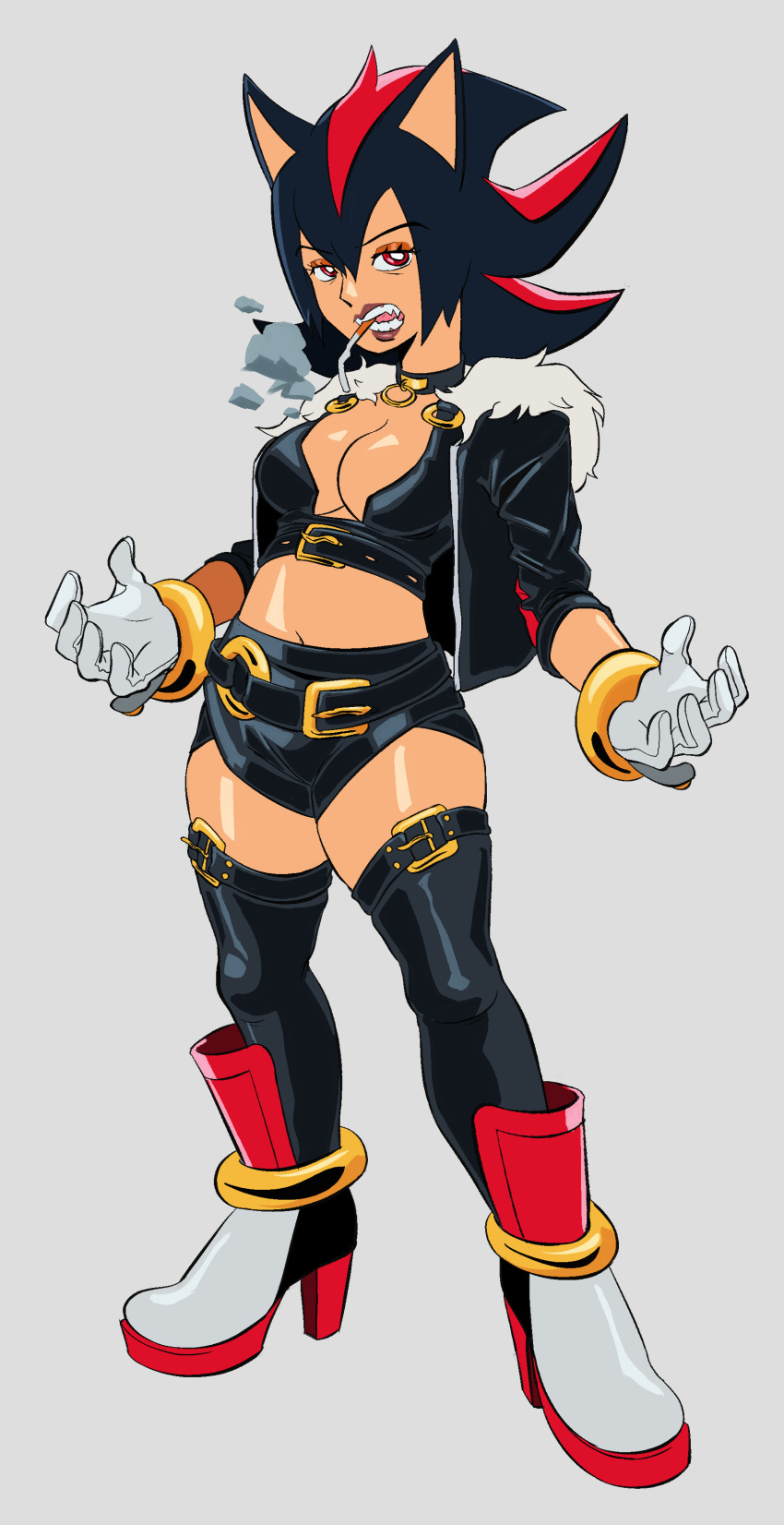 cleavage gloves high_heels kolsan leggings rule_63 shadow_the_hedgehog short_shorts