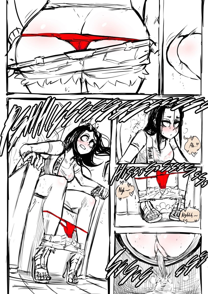 1girls 6koma ass ass_crack biku black_hair bra bra_visible_through_clothes breasts denim denim_shorts elena_(biku) heels high_heels jean_shorts original panties panty_pull peeing pussy red_bra red_panties relief relieved shorts shorts_pull sitting sunglasses sunglasses_on_head sweat toilet toilet_use urination urine