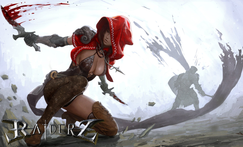 1girls 1other armor black_bikini blood boots brown_hair character_request copyright_request dark-skinned_female gauntlets grey_sky holding_weapon hood kneeling knife large_breasts long_hair one_eye_obstructed raiderz red_hood