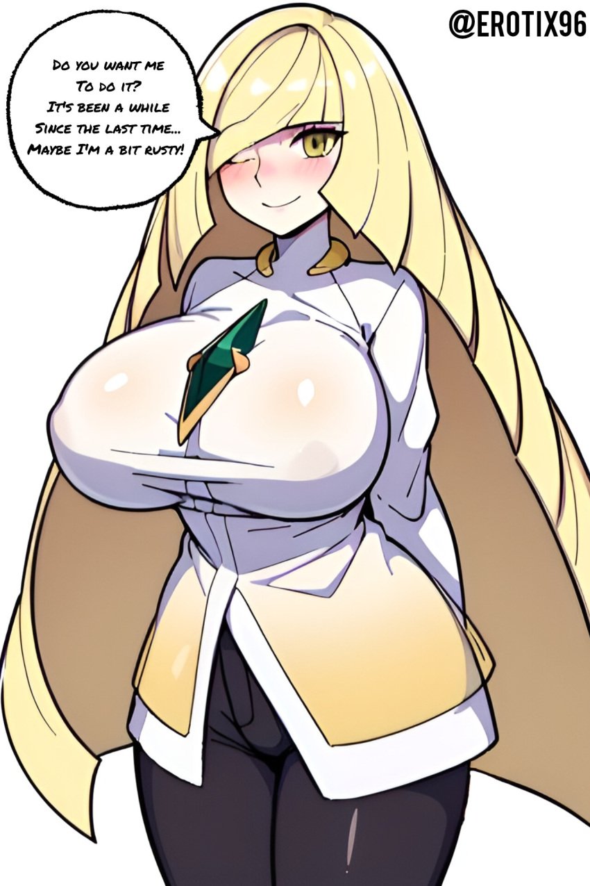 ai_generated big_breasts blonde_hair breasts busty cute erotix96 female_only gigantic_breasts hair_between_eyes hair_covering_eye hanging_breasts huge_breasts large_breasts long_hair lusamine_(pokemon) milf mother one_eye_closed pervert pokemon pokemon_sm sagging_breasts simple_background solo speech_bubble thick_thighs very_long_hair voluptuous voluptuous_female white_background