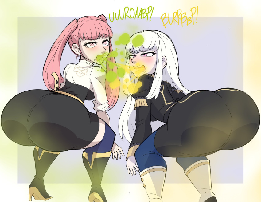 2girls ass burp burping english_text fart female female_only fire_emblem fire_emblem:_three_houses hilda_valentine_goneril lysithea_von_ordelia multiple_girls nintendo onomatopoeia pink_hair red_eyes tagme white_hair xee xeenitsu zeeny