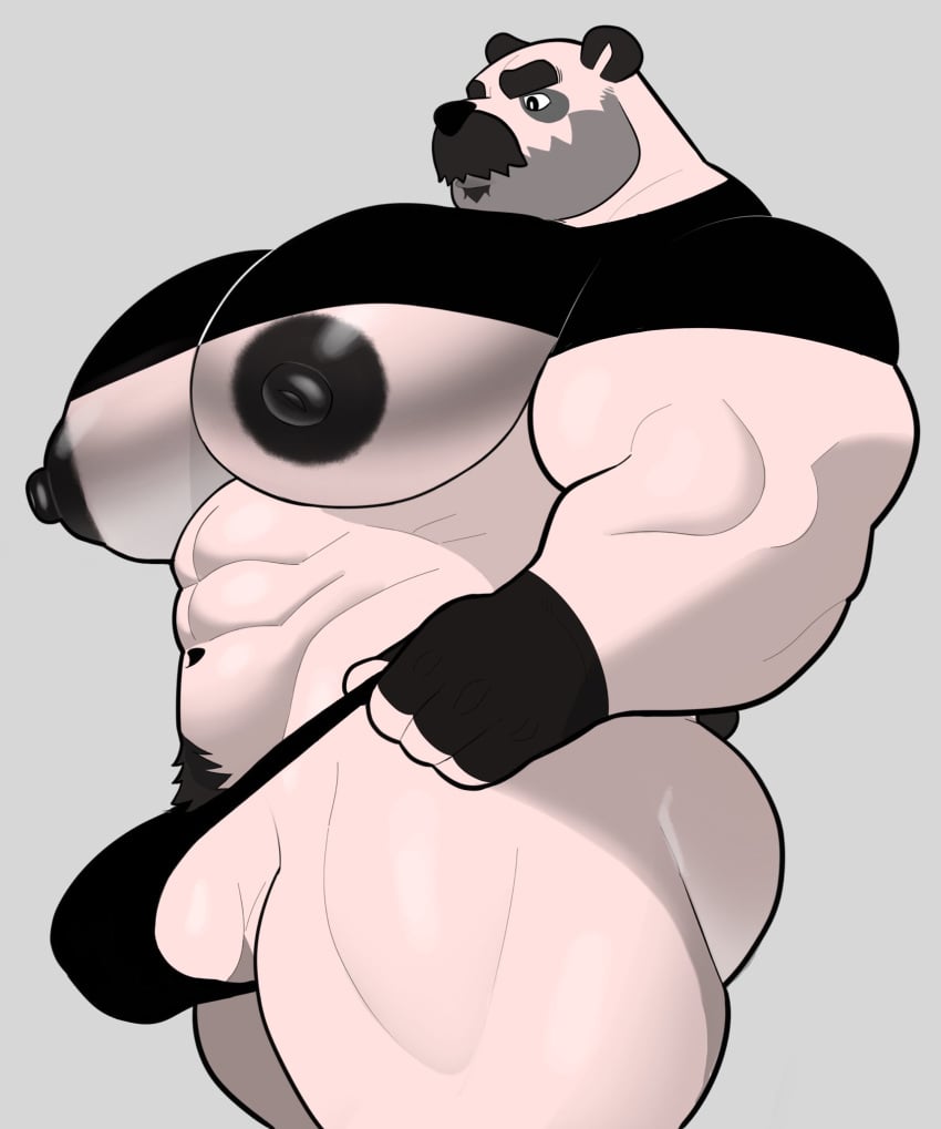 1boy abs anthro bara_tiddies bara_tits big_chest big_nipples big_pecs big_pectorals black_clothing black_nipples bulge chest dilf facial_hair fingerless_gloves furry gay huge_pecs hyper_pecs hyper_pectorals kemono large_pectorals male male_anthro male_only manboobs massive_pecs mature mature_anthro mature_male milkblend moobs muscular muscular_anthro muscular_arms muscular_male original_character panda pecs pectorals penis pink_fur pink_skin pom_(milkblend) pubic_hair shirt_up side_view thong