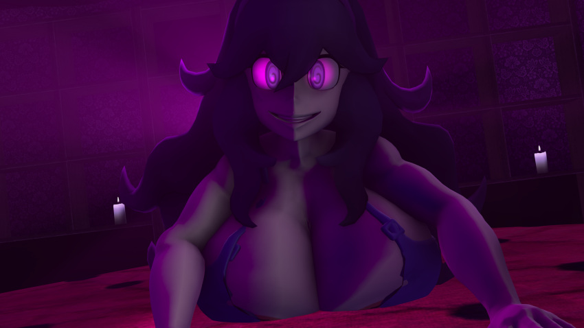 3d dark_room gamefreak glowing_eyes hex_maniac huge_breasts human ironhawk looking_at_viewer nintendo point_of_view pokemon pov purple_eyes purple_hair sfm source_filmmaker wide_grin