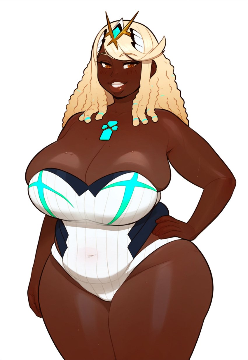 aged_up alternate_hairstyle alternate_skin_color bbw big_breasts blonde_hair brown_lips chest_jewel chubby contrapposto core_crystal_(xenoblade) dark-skinned_male dreadlocks fat fat_rolls female grin hair_ornament_ hand_on_own_hip huge_breasts lips long_hair mature_female milf mythra_(radiant_beach)_(xenoblade) mythra_(xenoblade) obese older one-piece_swimsuit plump robofun shiny_skin skindentation smile strapless thick thick_lips tiara very_dark_skin white_swimsuit wide_hips xenoblade_chronicles_2