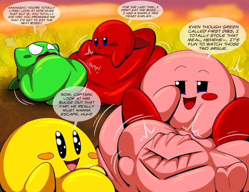 5boys ambiguous_prey anger_symbol angry green_skin kirby kirby_(series) kirby_and_the_amazing_mirror male male_only male_pred male_prey meta_knight nintendo pink_skin red_skin stomach_bulge tepigfan101 text text_bubble vore vore_belly yellow_skin