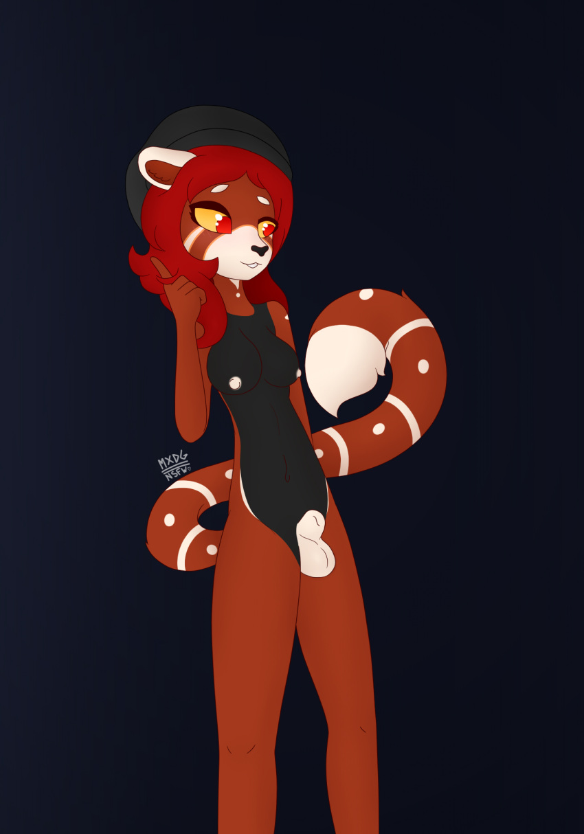 ailurid animal_genitalia anthro balls black_body breasts brown_body ears_down genitals gynomorph hair hi_res intersex mammal max_draws nipples pivoted_ears red_eyes red_hair red_panda sheath solo white_nipples zoe_pandora(seuchenkater)