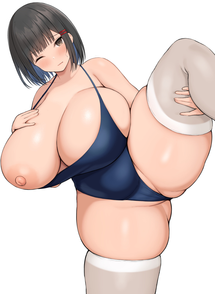 1girls breasts brown_eyes brown_hair female female_only hips huge_breasts light-skinned_female light_skin massive_breasts neneneji one-piece_swimsuit one_breast_out original original_character short_hair solo solo_female swimsuit thick_thighs thighs voluptuous wide_hips