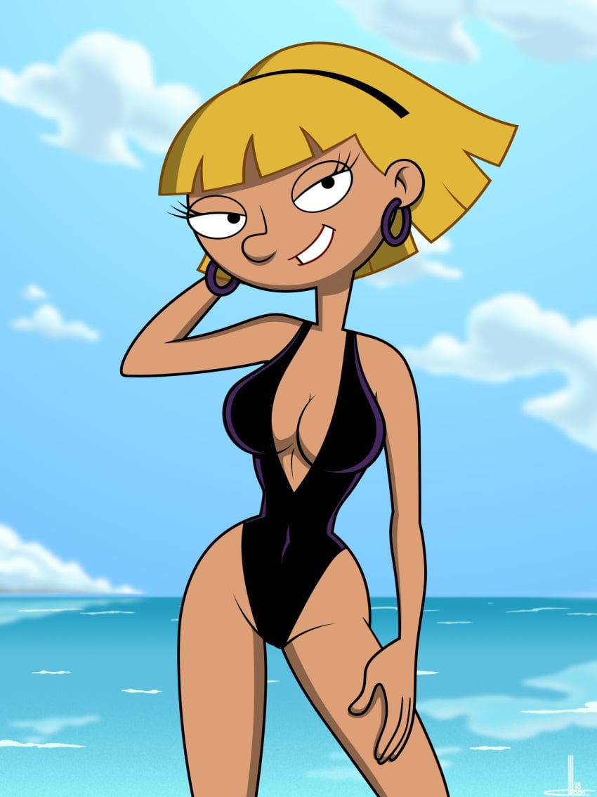 1girls aged_up bikini blonde blonde_hair cleavage dlt female female_focus female_only hey_arnold! hips legs looking_at_viewer medium_breasts nickelodeon olga_pataki one-piece_swimsuit short_hair solo solo_female solo_focus sweat swimwear thighs water