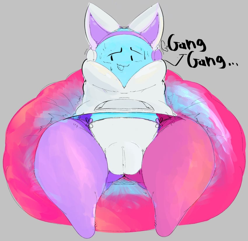 absurd_res bean_bag beanbag blue_body blush_lines boggo_(land_of_boggs) camel_toe cameltoe cat_ears embarassed female headphones hoodie land_of_boggs ponk slightly_chubby spread_legs thick_thighs trembling underwear