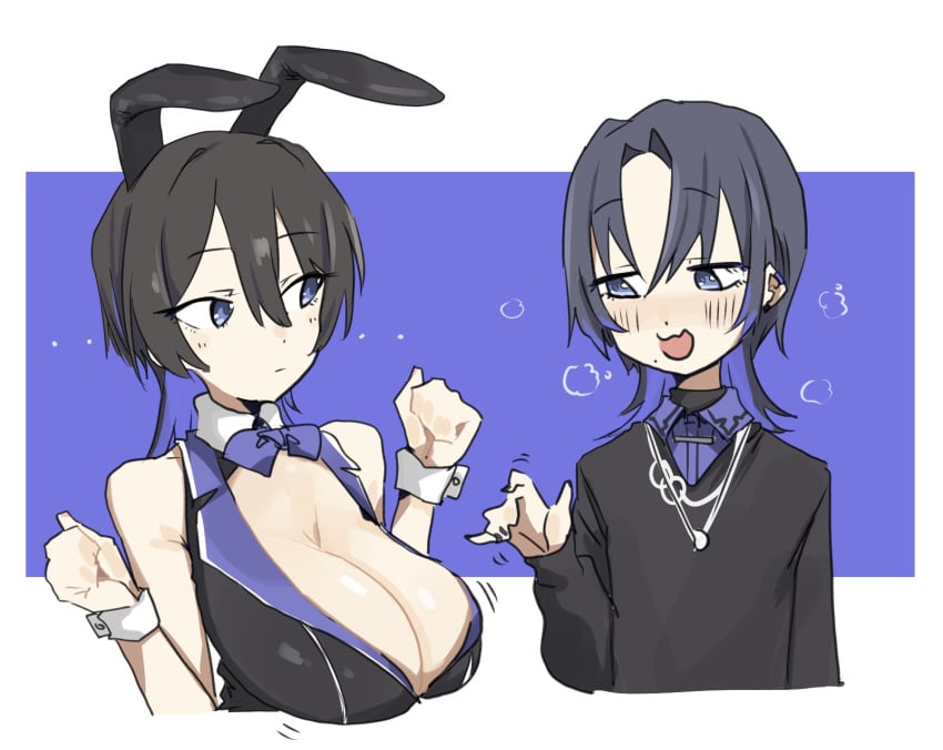 .... 2girls :3d arm_cuffs bangs bangs_between_eyes black_hair black_sweater black_sweater_vest blue_bow blue_bowtie blue_collar blue_eyes blue_hair blue_nail_polish blue_nails blue_undershirt blush blush_lines blushing bow bowtie breast_envy breasts bunny_ears_headband bunny_garden bunnysuit cat_mouth cleavage collared_shirt colored_inner_hair duo ear_cuff eyebrows eyebrows_visible_through_hair hair_between_eyes hairband headband heavy_breathing hiodoshi_ao hololive hololive_dev_is hololive_regloss inner_hair large_breasts leebongchun long_sleeves looking_at_another looking_at_breasts miuka_(bunny_garden) mole mole_under_mouth nail_polish nails necklace necklaces open_mouth painted_nails sleeveless_shirt small_breasts steam steamy_breath sweater sweater_vest two-tone_hair virtual_youtuber wolf_cut wrist_cuffs yuri