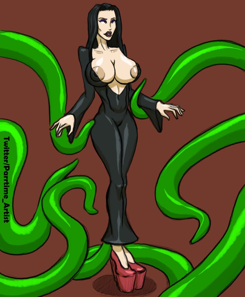 1girls big_breasts black_hair black_lipstick breasts female goth high_heels huge_breasts mature_female milf morticia_addams mother nipples parrtime_artist tentacle tentacle_on_female the_addams_family