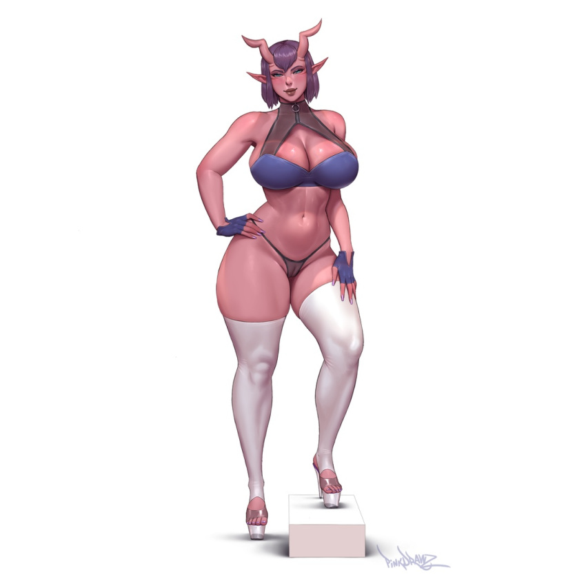 areola_slip bangs bare_shoulders belly blue_eyes cameltoe demon facial_markings female fingerless_gloves halterneck horns huge_breasts innie_pussy lips looking_at_viewer medium_hair midriff original original_character pink_skin pinkdrawz platform_heels pointy_ears pussy see-through shiny_skin skimpy smile thick_thighs thong wide_hips