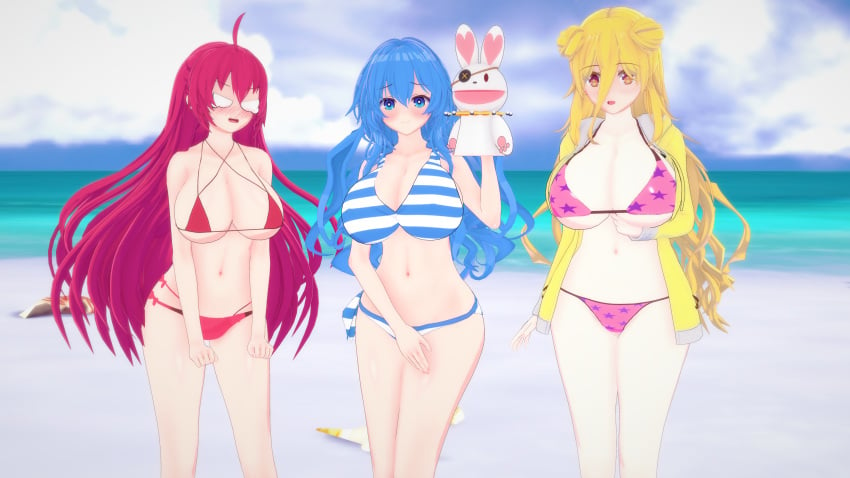 2d 3girls angry beach belly big_breasts bikini blonde_hair blue_eyes blue_hair blush breasts date_a_live himekawa_yoshino hoshimiya_mukuro itsuka_kotori light-skinned_female long_hair red_hair thighs yellow_eyes yoshinon