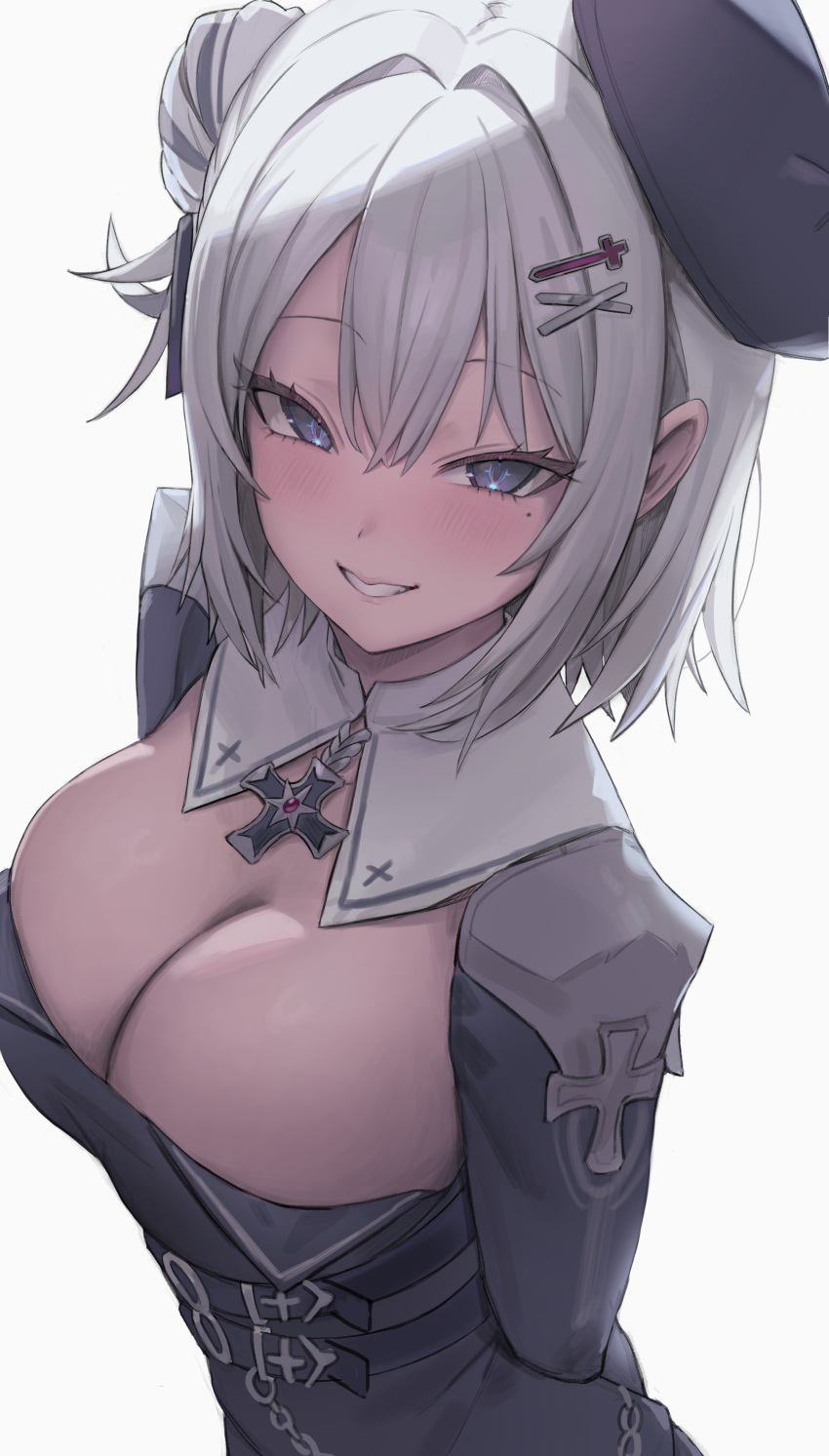 1girls ass azur_lane blue_eyes breasts cleavage female female_only freng inviting iron_blood_(azur_lane) jade_(azur_lane) light-skinned_female light_skin looking_at_viewer seductive smile solo white_hair