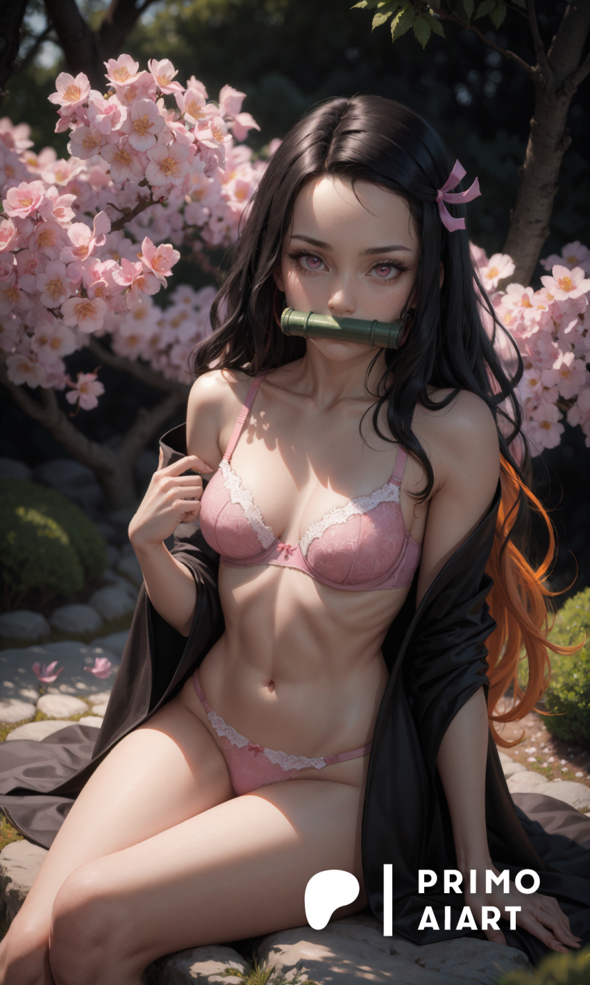 1girls ai_generated bare_shoulders black_hair bra demon_slayer female gag gagged gradient_hair hair_ribbon japanese_clothes kamado_nezuko kimono lace lingerie nezuko_kamado panties pink_eyes primo_aiart solo stable_diffusion