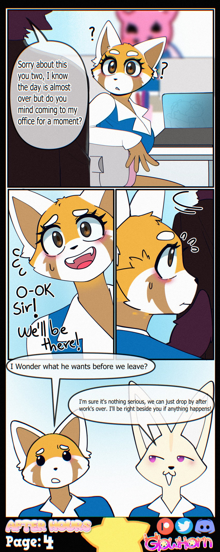 absurd_res aggressive_retsuko aggretsuko ailurid anthro artifact_the_fox black_body black_fur blue_clothing blue_shirt blue_topwear brainwashing brown_body brown_eyes brown_fur canid canine chair clothed clothing collared_shirt comic comic_page computer corrupted corruption dialogue duo electronics female fennec_fox fenneko fox fur furniture furry glowhorn group hi_res hypnosis kabae laptop looking_back male mammal mind_control nervous nervous_sweat office_clothing open_mouth orange_body orange_fur red_panda retsuko sanrio shirt simple_background sitting smile smug smug_face suit talking_to_another tired_eyes topwear trio true_fox white_body white_clothing white_fur white_shirt white_topwear