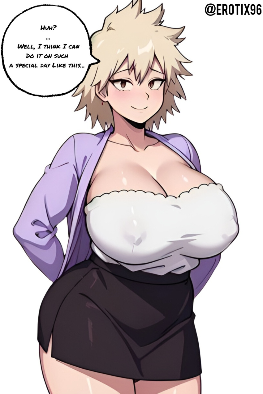 ai_generated big_breasts blonde_hair blush boku_no_hero_academia breasts busty cleavage cute_face erotix96 female_only gigantic_breasts hanging_breasts huge_breasts large_breasts milf mitsuki_bakugou mother my_hero_academia sagging_breasts short_hair simple_background solo speech_bubble spiky_hair thick_thighs voluptuous voluptuous_female white_background