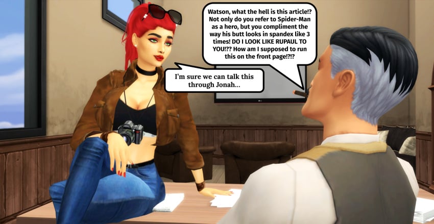 3d cheating cheating_girlfriend cheating_wife comic daily_bugle dialogue female j_jonah_jameson marvel marvel_comics mary_jane_watson pof3445 sims4 spider-man_(series) the_sims_4