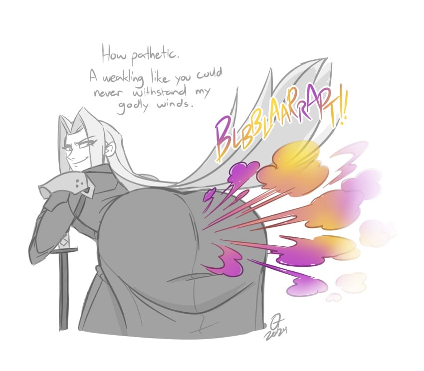 1boy alttenn ass big_ass big_butt butt fart fart_cloud fart_fetish farting fat_ass fat_butt final_fantasy final_fantasy_vii fully_clothed huge_ass huge_butt looking_at_viewer looking_back looking_back_at_viewer male male_fart male_only oddtenn sephiroth sketch solo square_enix sword talking_to_viewer text thick_ass thick_butt