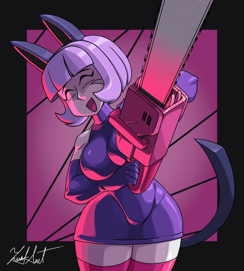 breasts cat_ears cat_tail catgirl chainsaw curvy curvy_figure nadia_fortune skullgirls smile thick_thighs thighs violet_hair zeusart