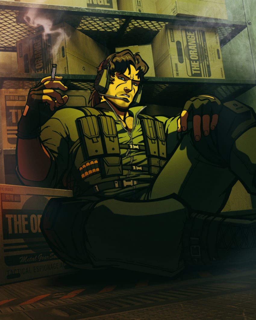 1boy bara boots box boxes cigarette combat_boots fingerless_gloves headphones looking_at_viewer male male_only metal_gear_solid metal_gear_solid_2 miles_mandel military military_uniform muscular muscular_male pecs smoking smoking_cigarette solid_snake solo_male storage_room toned toned_male