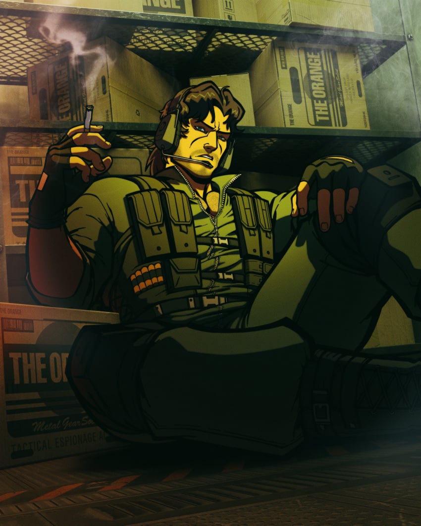 1boy bara boots box boxes cigarette combat_boots fingerless_gloves headphones looking_at_viewer male male_only metal_gear_solid metal_gear_solid_2 miles_mandel military military_uniform muscular muscular_male pecs safe safe_for_work smoking smoking_cigarette solid_snake solo_male storage_room the_orange_(mgs2) toned toned_male