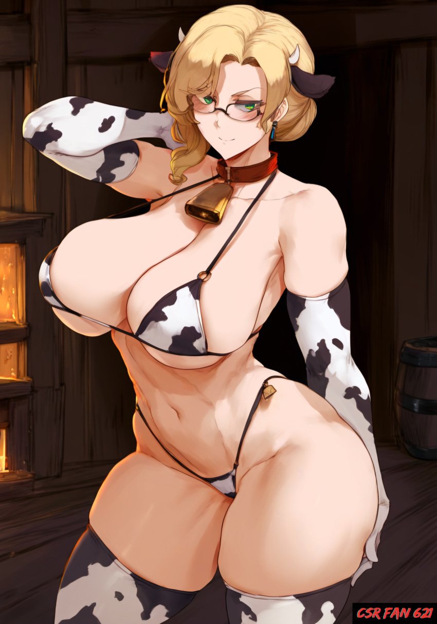 ai_clothes ai_generated barn big_breasts collar cow_ears cow_girl cow_print cow_print_armwear cow_print_bikini cow_print_thighhighs cowbell csr_fan_621 glasses glynda_goodwitch indoors large_breasts milf rwby self_upload smile tagme thick_thighs