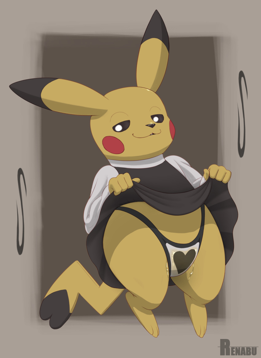 <3_tail 2020 anthro bodily_fluids cleft_tail clothed clothing clothing_lift cosplay_pikachu cosplay_pikachu_(character) digital_media_(artwork) dipstick_ears dipstick_tail dress dress_lift female genital_fluids half-closed_eyes hi_res maid_uniform multicolored_ears multicolored_tail narrowed_eyes nintendo panties pikachu pokémon_(species) pokemon pokemon_rgby pussy_juice renabu signature solo underwear uniform video_games wet wet_clothing wet_panties wet_underwear