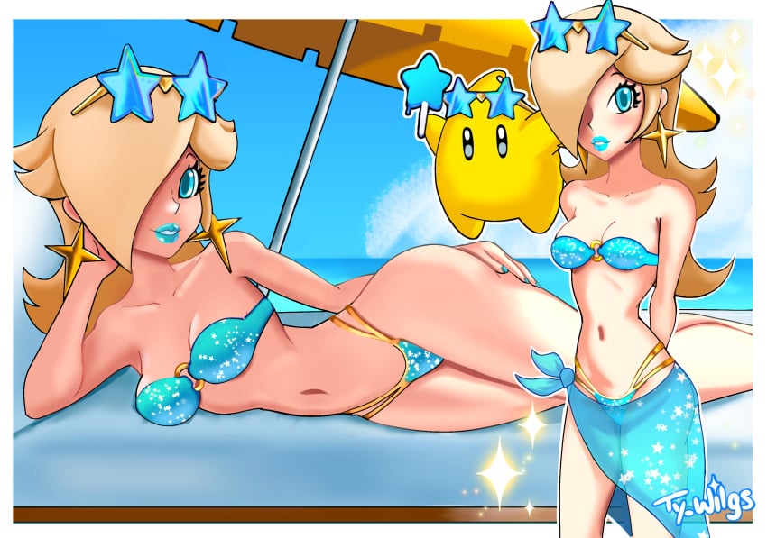 1girls beach_umbrella blonde_hair blue_eyes breasts looking_at_viewer luma mario_(series) on_side princess_rosalina sarong sunglasses sunglasses_on_head swimsuit ty_wilgs