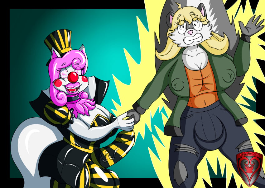 absurd_res anthro bulge circus clown clownification clownpocalypse dharc261 eevee furry generation_1_pokemon gynomorph hi_res hyper intersex joy_buzzer juniper_silverwood ladyfoxheart latex mammal mari_the_eevee mephitid nintendo original_character pokemon pokemon_(species) prank ringleader shocked skunk transformation