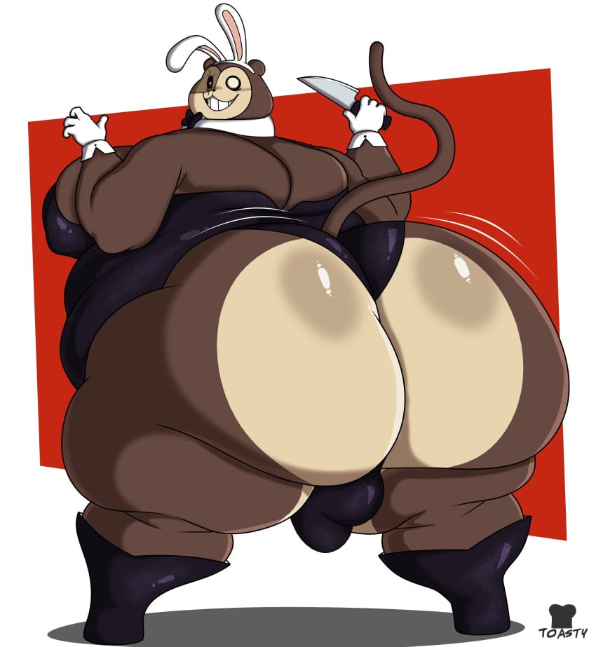 2024 absurd_res anthro artist_name ass big_butt big_moobs black_boots black_bow_tie black_clothing black_footwear black_leotard black_sclera black_shoes boots bow_tie brown_body brown_ears brown_fur brown_tail bulge clothing digital_media_(artwork) evil_max_(max_design_pro) fake_ears fake_rabbit_ears footwear fur gloves handwear haplorhine heterochromia hi_res holding_knife holding_melee_weapon holding_object holding_weapon huge_butt hyper hyper_butt knife leotard looking_at_viewer looking_back male mammal max_(max_design_pro) max_design_pro melee_weapon monkey moobs multicolored_body multicolored_fur obese obese_anthro obese_male overweight overweight_anthro overweight_male primate red_eyes shirt_cuffs shoes smile solo standing tail teeth thick_thighs toastyboi twiddlefinger two_tone_body two_tone_fur weapon white_clothing white_eyes white_gloves white_handwear