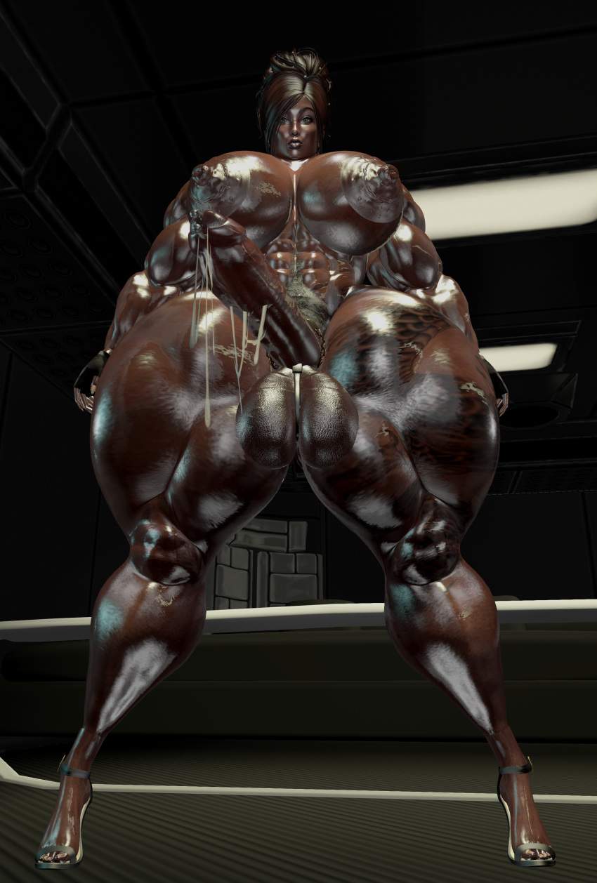 abs dark-skinned_futanari dark_skin extreme_muscles futanari high_heels highres huge_areolae huge_breasts huge_nipples intersex large_penis muscular_futanari second_life shiny_skin thesusman thick_thighs