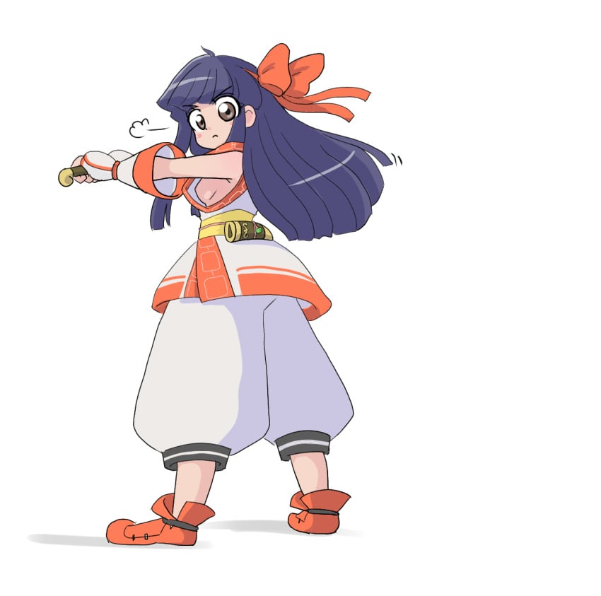 1girls ass breasts brown_eyes female female_only fingerless_gloves from_behind gloves hair_ribbon highres king_of_fighters king_of_fighters_xv legs long_hair looking_at_viewer looking_back medium_breasts nakoruru nipple_slip nipples no_bra outstretched_arms pants purple_hair ribbon samurai_shodown serious sideboob snk solo thighs weapon