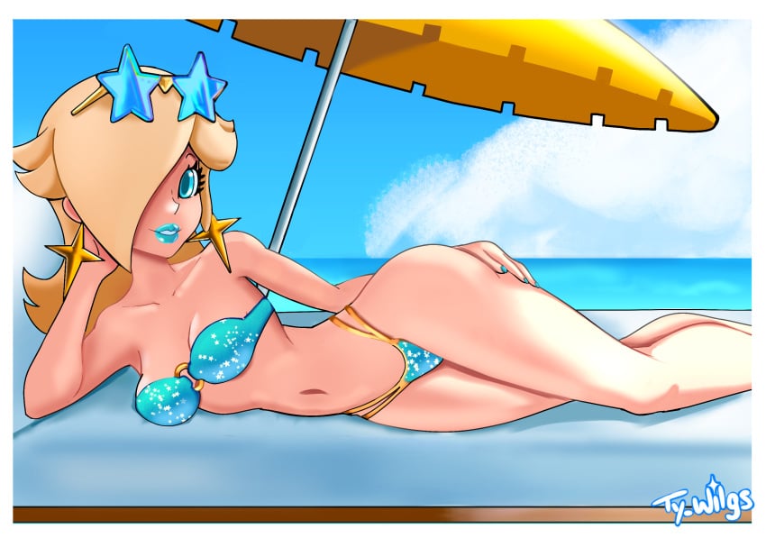 1girls beach_umbrella blonde_hair blue_eyes breasts looking_at_viewer mario_(series) on_side princess_rosalina solo_female solo_focus sunglasses sunglasses_on_head swimsuit ty_wilgs