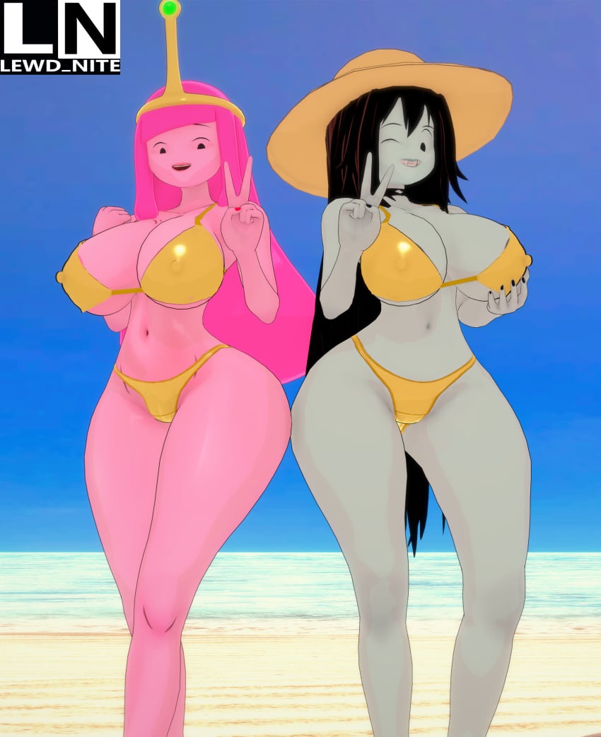 2girls adventure_time beach big_breasts bikini black_hair blue_sky bonnibel_bubblegum cartoon_network curvy_female female female_only golden_bikini golden_bikini_bottom golden_bikini_top hat large_breasts lewd_nite long_hair looking_at_viewer marceline marceline_abadeer marceline_the_vampire_queen multiple_girls nail_polish navel one_eye_closed peace_sign pink_body pink_hair pink_skin pinup princess_bubblegum sky smile smiling_at_viewer standing summer sun_hat swimsuit swimwear thick_thighs thighs tiara trendy_bikini v v_sign voluptuous