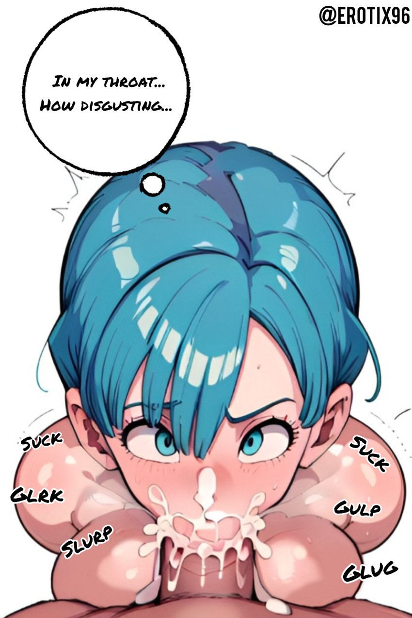 ai_generated big_breasts big_penis blowjob blowjob_face blue_eyes blue_hair blush breast_press breasts bulma_briefs collarbone cum cum_in_mouth cumshot cute deepthroat dominant_male domination dragon_ball dragon_ball_super dragon_ball_z english_text erotix96 excessive_cum fellatio female hair_between_eyes huge_breasts huge_cock looking_at_viewer male milf mother nude nude_female pov rough_sex sagging_breasts short_hair simple_background son_goku sound_effects speech_bubble surprised thick_thighs voluptuous voluptuous_female white_background