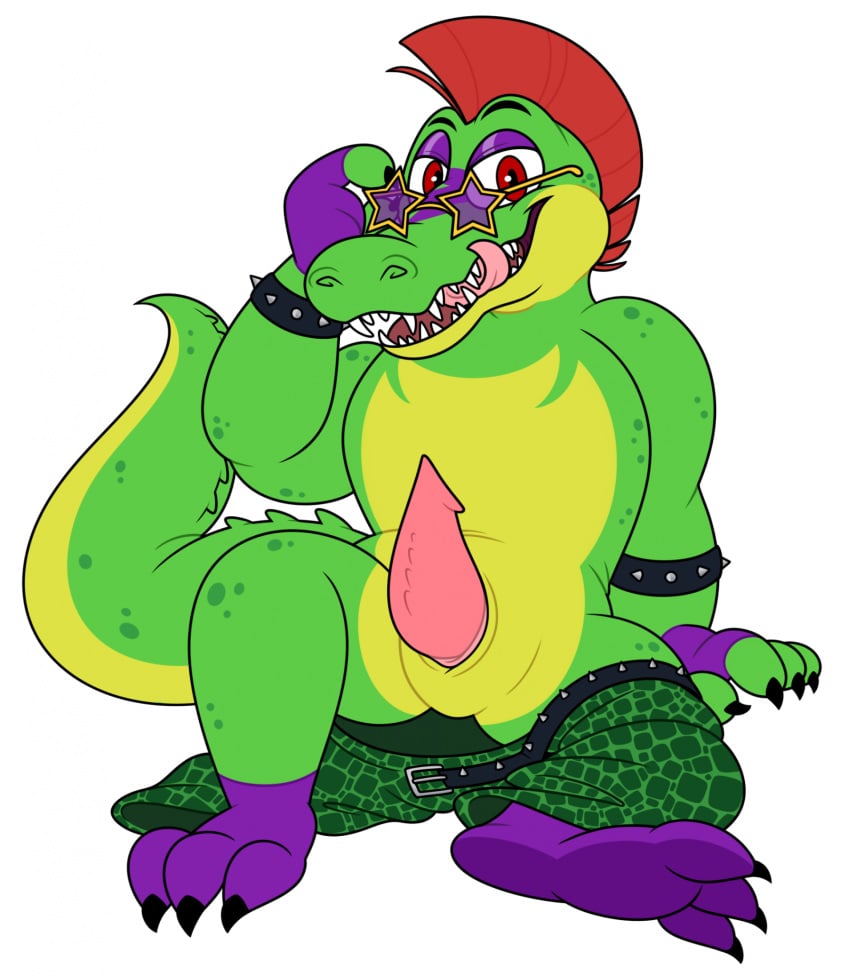 alligator alligator_tail alligatorid alligatorid_humanoid animatronic anthro artist_request background biceps body_markings crocodile crocodile_tail crocodilian crocodylid facial_markings five_nights_at_freddy's five_nights_at_freddy's:_security_breach fnaf green_body licking_own_lips lighting_bolt looking_at_viewer machine male_focus male_only mohawk mohawk_(hairstyle) montgomery_gator_(fnaf) muscular muscular_anthro muscular_arms muscular_male muscular_thighs non-human non_mammalian_nipples pants_down pink_glans presenting presenting_penis red_hair reptile reptile_humanoid robot robot_humanoid scottgames simple_background smiling smiling_at_viewer solo_focus solo_male spiked_bracelet spotted_body steel_wool_studios sunglasses tail tail_markings tattoo two_tone_body unbuckled_belt white_background