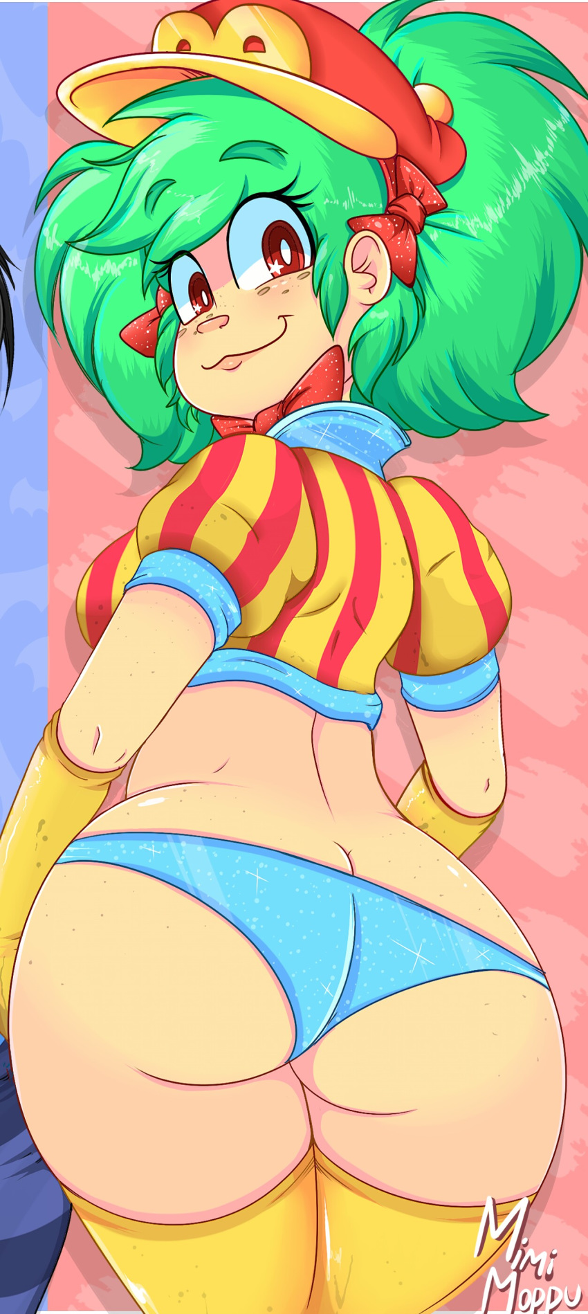 big_butt blue_underwear cropped froggywithfries green_hair hat looking_at_viewer looking_back mimi_moppu no_pants panties patreon smile underwear