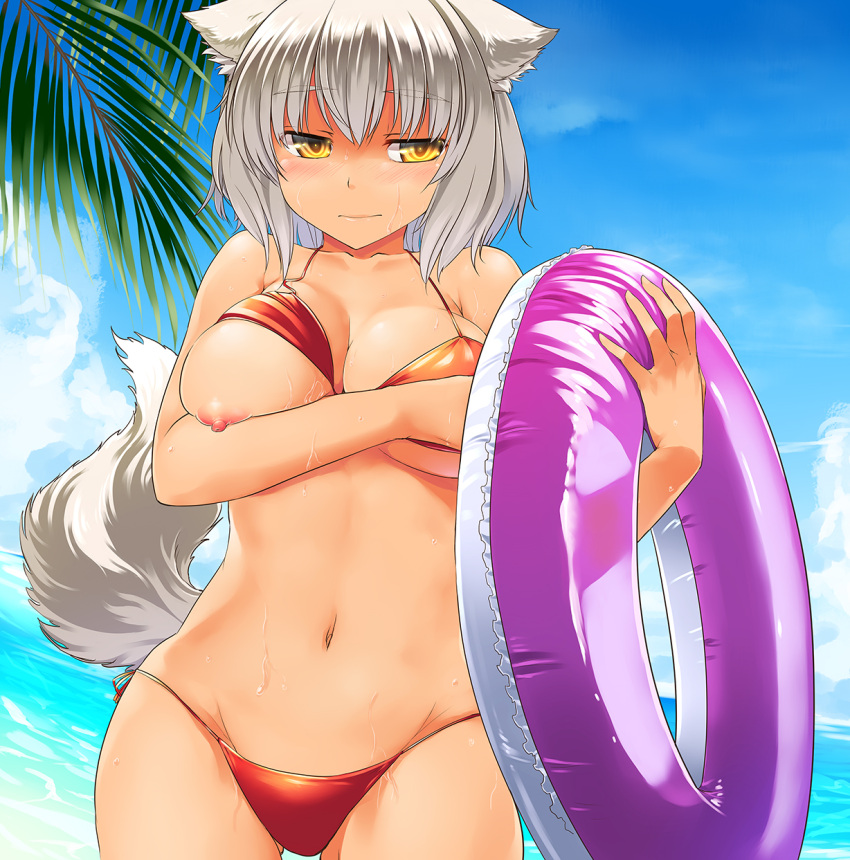 aaru_(tenrake_chaya) animal_ears beach bikini blush dog_ears female innertube large_breasts momiji_inubashiri navel red_bikini solo swimsuit tail touhou wardrobe_malfunction wet yellow_eyes