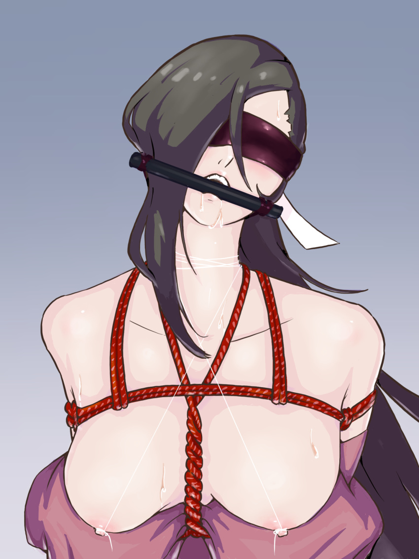 1girls big_breasts blindfold bondage brown_hair female fire_emblem fire_emblem_fates gag gagged kagero_(fire_emblem) large_breasts long_hair mouth_gag nintendo nipple_piercing nipples one_eye_covered power_(artist) restrained rope rope_bondage saliva solo solo_female sweat