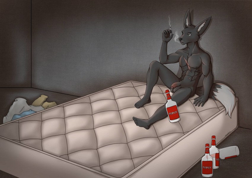 1boy 5_toes abs absurd_res alcohol anthro balls barefoot beverage black_body black_fur bottle canid canine casual_nudity cigarette cigarette_smoke clothing d'zosh_(ccwoah) feet fennec flaccid fox fur genitals green_eyes hi_res humanoid_feet humanoid_genitalia humanoid_penis kingrein male male_only mammal mattress muscular muscular_anthro muscular_male nipples nonsexual_nudity nude pecs penis popov scar size_difference smaller_male smoking solo toes vodka