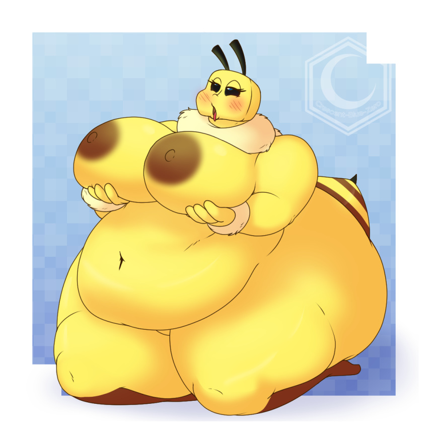 antennae ass bee bee_(minecraft) belly blue_eyes blush breasts crescent-blue-zero fat furry half-closed_eyes hyper insects minecraft neck_tuft nipples sitting ssbbw stinger thick_thighs tongue_out wide_hips yellow_skin