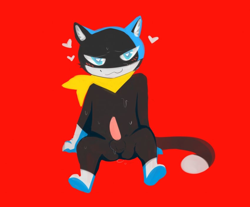 anthro balls blue_eyes blush feline male_only morgana_(persona) penis sweat tohfu