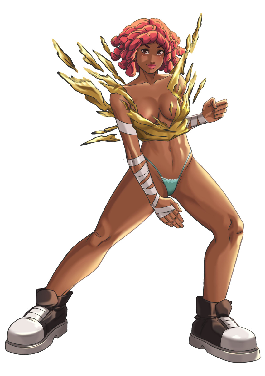 blue_panties breasts brown_eyes cherry_hunter cleavage curly_hair dark-skinned_female dark_skin exploding_clothes hi_res looking_at_viewer navel panties pinup red_hair shoes short_hair simple_background smile solo solo_focus standing streets_of_rage streets_of_rage_4 torn_clothes xkorner