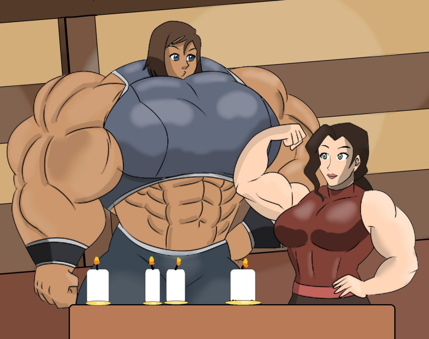 2girls asami_sato avatar_legends clothing dark-skinned_female dark_skin depraveddefense extreme_muscles female giantess huge_muscles hyper_muscles korra larger_female medium_breasts muscular muscular_female smaller_female smooth_skin the_avatar the_legend_of_korra water_tribe